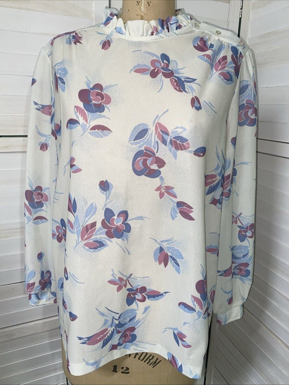 Vintage 70s Polyester Career Blouse Top Floral Long Sleeves Sz 42 X-Large